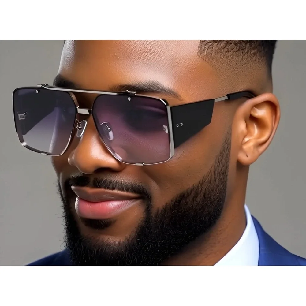 Men's Oversized Square Sunglasses Silver Frame Gradient Gradient Lenses Lentes‎